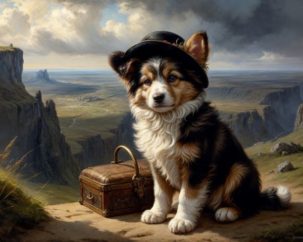 Puppy with Hat on Rugged Landscape and Treasure Chest
