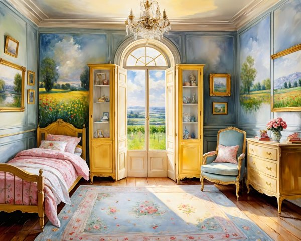 Serene Pastel Bedroom with Floral Quilt and Sunlight