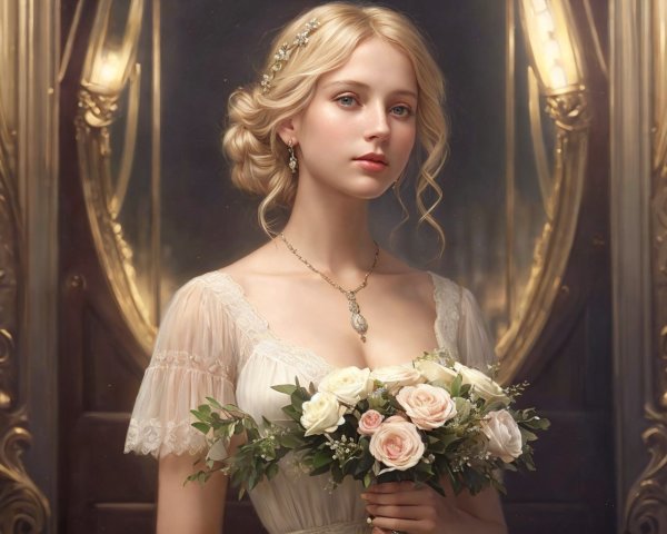 Young Woman in Vintage Gown with Roses and Mirrors