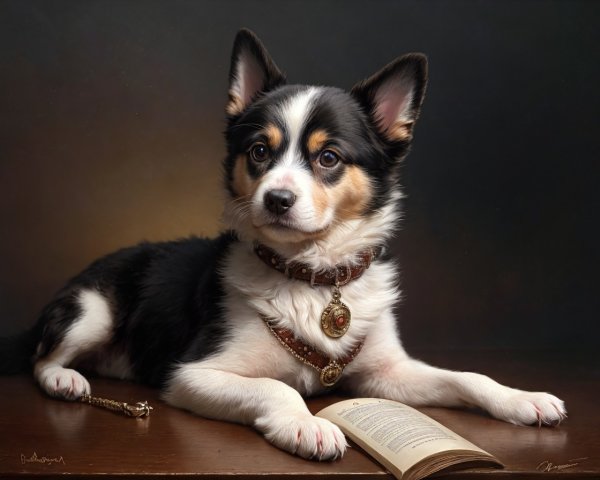 Tricolor Corgi Puppy with Necklace and Pendant by Open Book