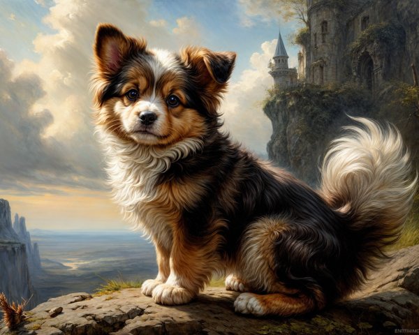 Fluffy dog on rocky ledge with mystical landscape backdrop