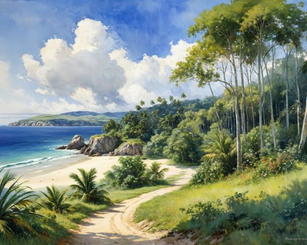 Tranquil Beach Scene with Waves and Lush Greenery