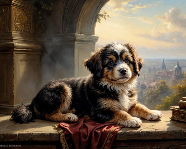 Fluffy Dog Resting on Ornate Ledge with Scenic View