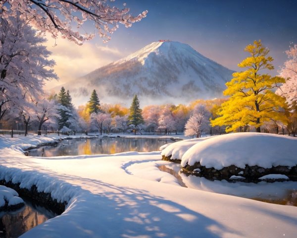Snow-covered grounds, reflective lake, cherry blossoms, mountain backdrop, and warm sunlight scene.