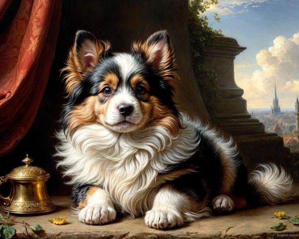 Tricolored Dog Resting on Stone Ledge in Scenic Setting