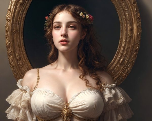 Young Woman in Vintage Dress with Floral Accents