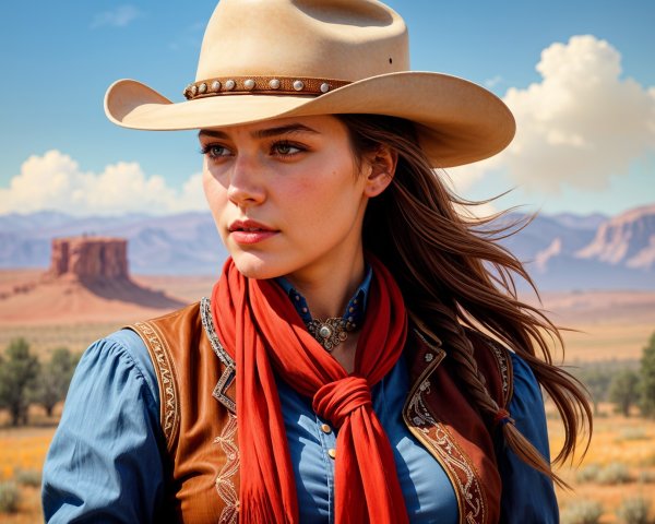Young Woman in Stylish Western Attire in Scenic Landscape
