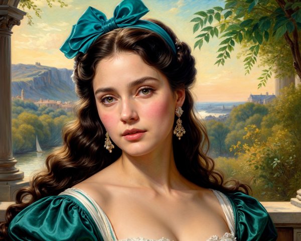 Young woman in elegant dress by tranquil waterway