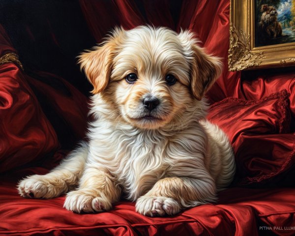 Fluffy Puppy on Red Velvet with Ornate Background