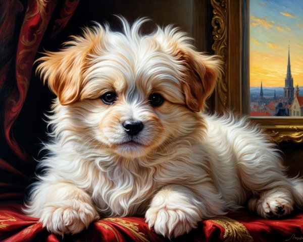 Golden Puppy on Red Velvet with Sunset Backdrop