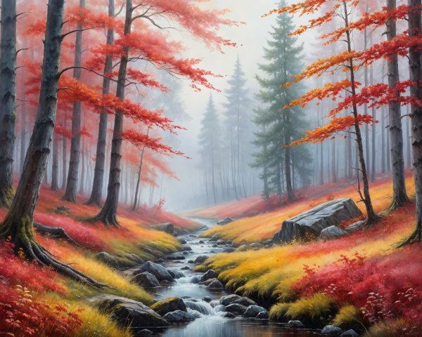 Autumn Landscape with Stream and Vibrant Forest