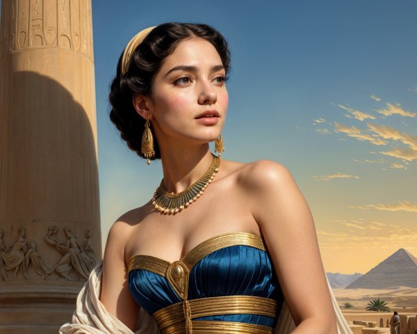 Woman in Blue Gown Against Ancient Egyptian Columns