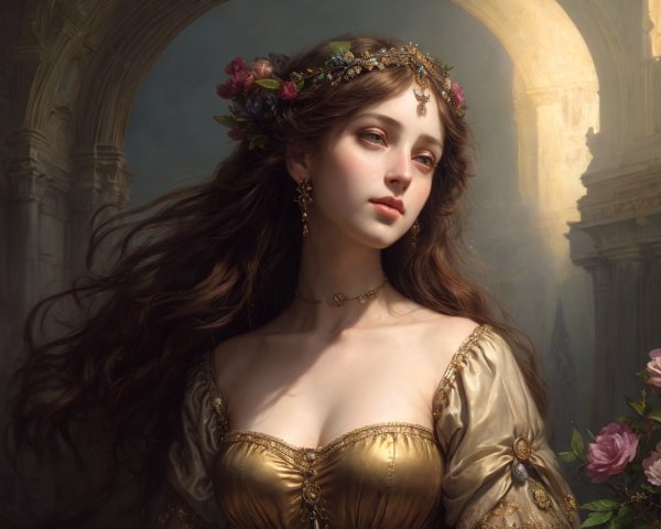 Young Woman in Golden Gown with Classical Background