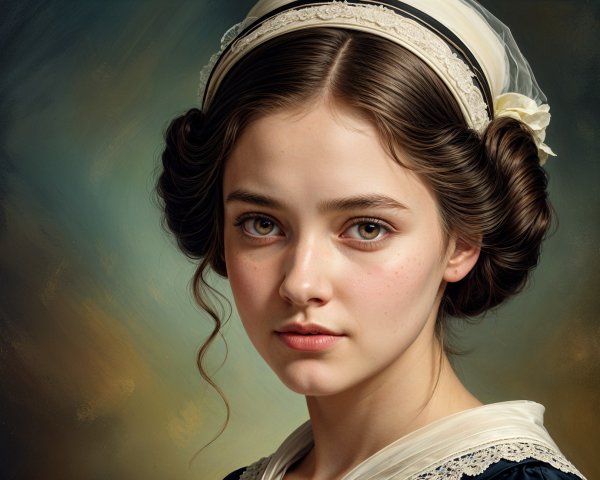 Young girl in vintage outfit with cream ribbon