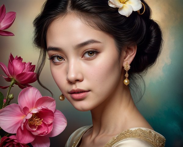 Young Woman with Floral Accents and Lotus Flowers