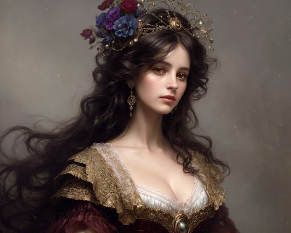 Woman in Vintage Dress with Flower Crown and Jewelry