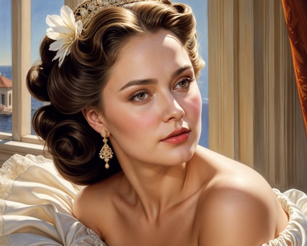Young woman with voluminous hair and elegant gown