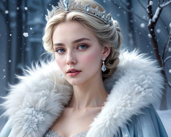 Regal Woman in Silver Crown in Snowy Landscape