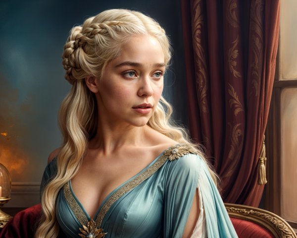 Elegant Woman in Blue Gown with Braid in Warm Setting