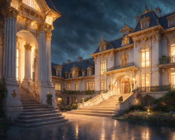 Opulent Mansion at Twilight with Illuminated Windows
