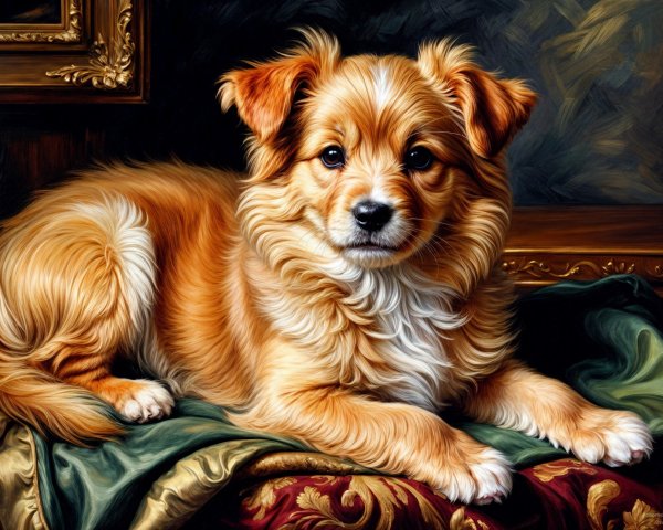 Fluffy Golden-Furred Puppy on Ornate Fabric