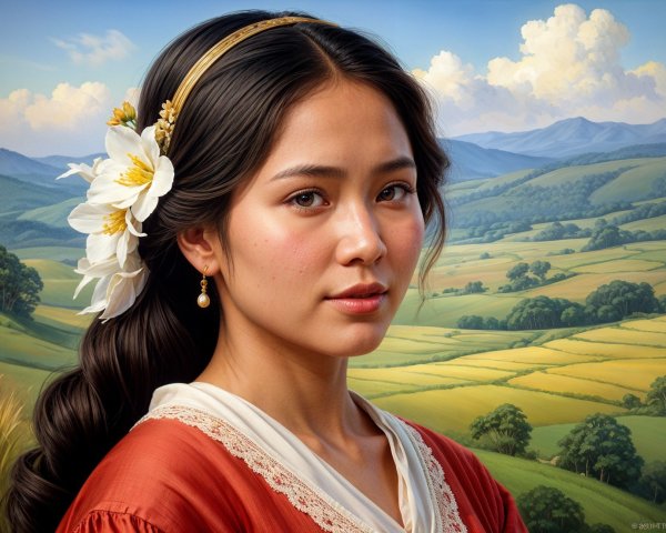 Young Woman in Floral Hairpiece in Pastoral Setting