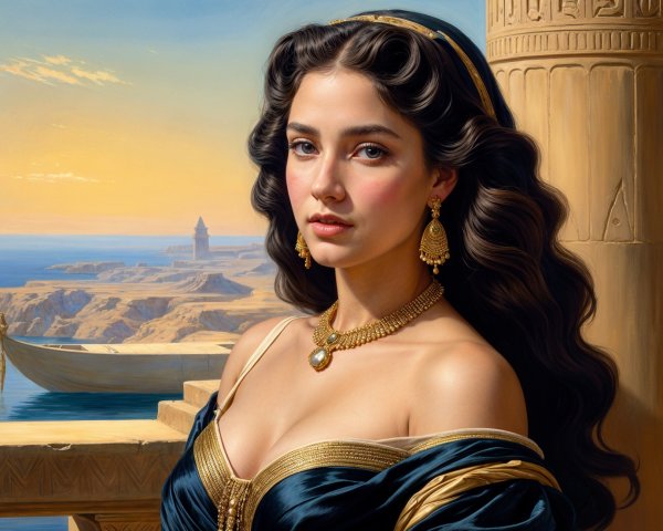 Elegant Woman in Navy Gown at Coastal Landscape