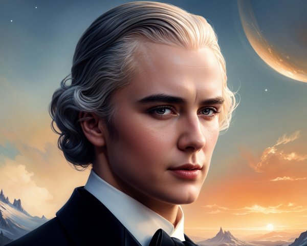 Young man in tuxedo against cosmic landscape backdrop