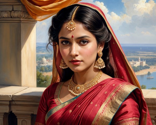 Young Woman in Traditional Red Saree with Scenic Background