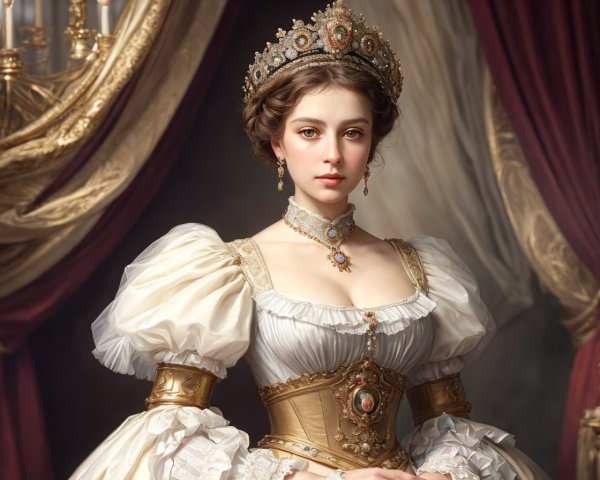 Elaborate historical dress and crown on regal woman amid luxurious backdrop