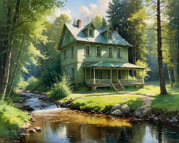 Charming Green House by a Flowing Stream in Nature