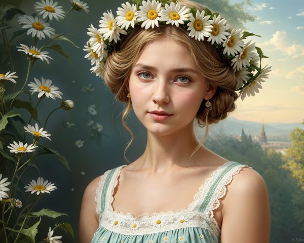 Young woman in pastel dress with daisy crown and greenery