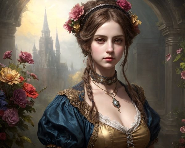 Portrait of a woman in historical gown with flowers and castle