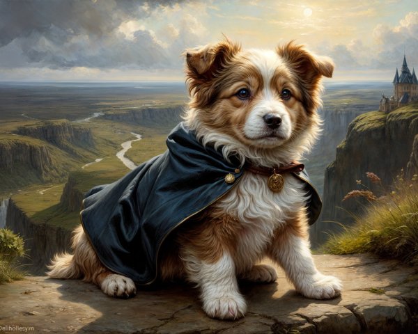 Corgi Puppy in Cape on Rocky Ledge with Scenic Background