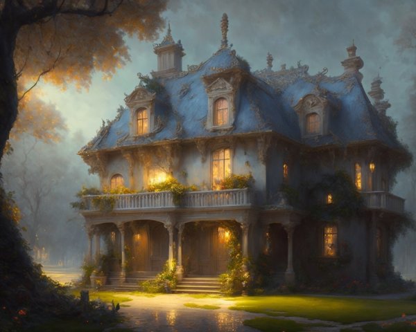Old Mansion in Foggy Forest with Lush Greenery