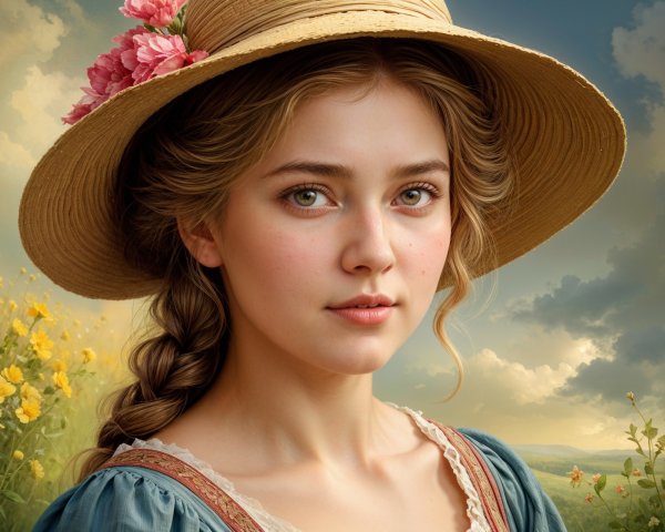 Young Woman in Floral Meadow with Vintage Dress
