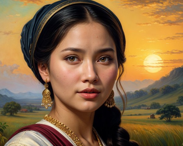 Portrait of a woman with sunset landscape backdrop