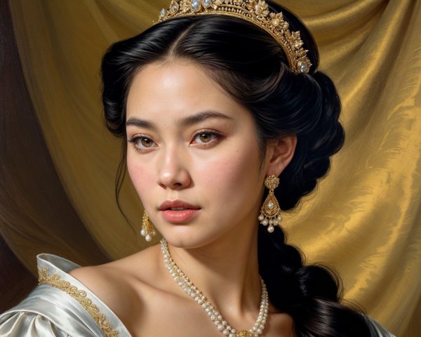 Young Woman in Elegant Attire with Golden Crown