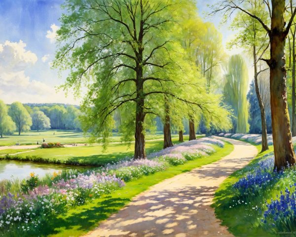 Serene park scene with pathway, flowers, and water