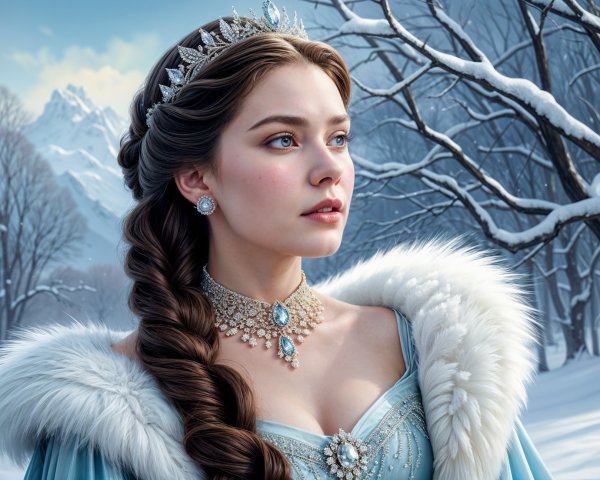 Elegant Young Woman in Icy-Blue Gown in Winter Scene