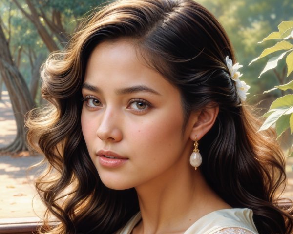 Young woman with glossy hair and pearl earrings