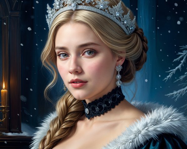 Elegant Woman in Blue Gown with Winter Background