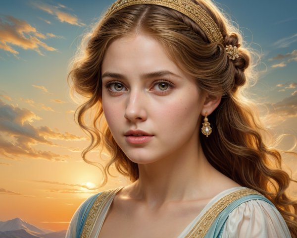 Young woman in blue gown against sunset backdrop