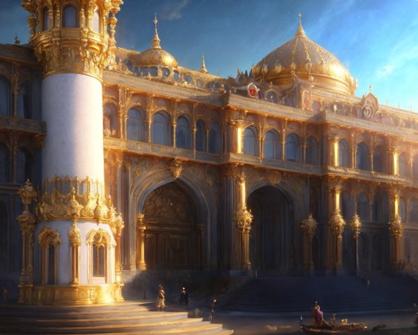 Golden Palace with Arches, Domes, and Grand Entrance Reflected in Water