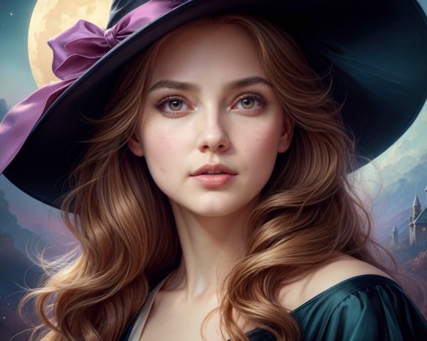 Young woman in black hat with moonlit castle backdrop