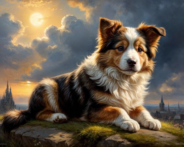 Fluffy Tri-Color Dog on Hilltop with Dramatic Sky
