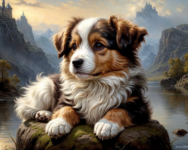 Fluffy Puppy on Mossy Rock by Serene River and Mountains