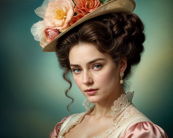 Young woman in vintage dress with floral hat
