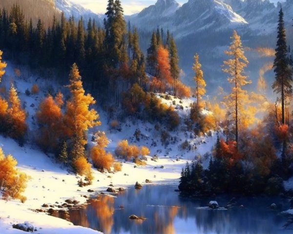 Autumnal scene: Vibrant foliage, calm river, snow-capped mountains