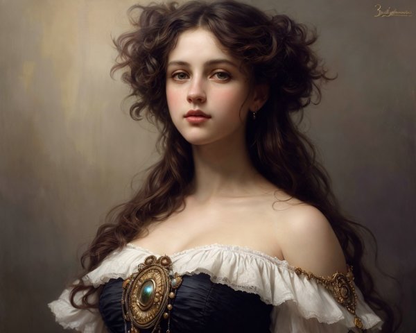 Painting of a Woman in Off-Shoulder Dress with Brooch